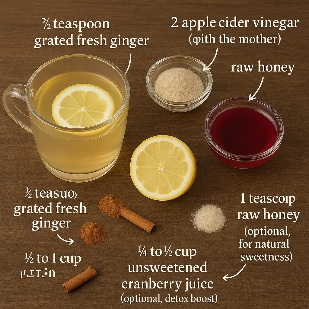 Flat lay of detox drink ingredients including lemon, apple cider vinegar, cranberry juice, ginger, cinnamon, and psyllium husk