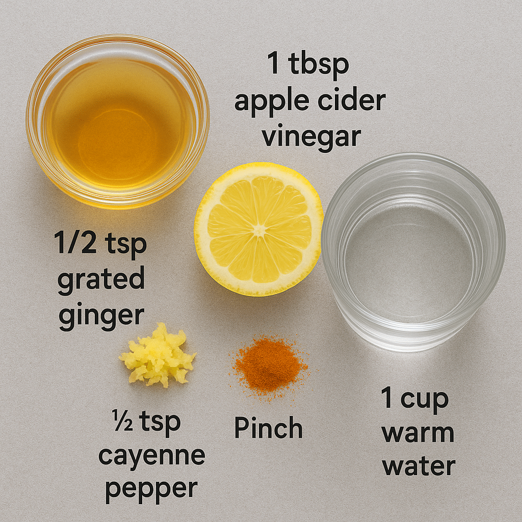 Ingredients for a detox drink including apple cider vinegar, lemon, ginger, cayenne pepper, and warm water with labels
