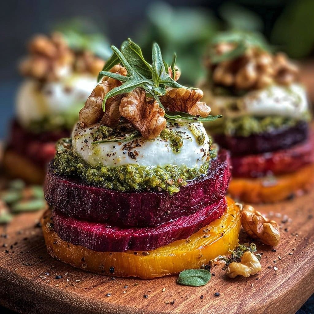 Sweet Potato and Beet Stacks with Pesto, Burrata and Walnuts