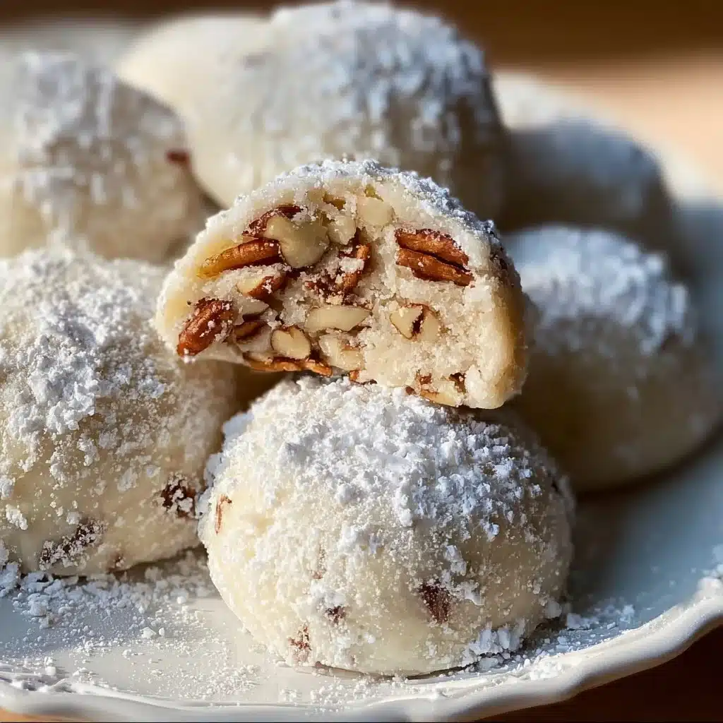 Buttery Pecan Snowball Cookies 3 Buttery Pecan Snowball Cookies dusted with powdered sugar on a plate
