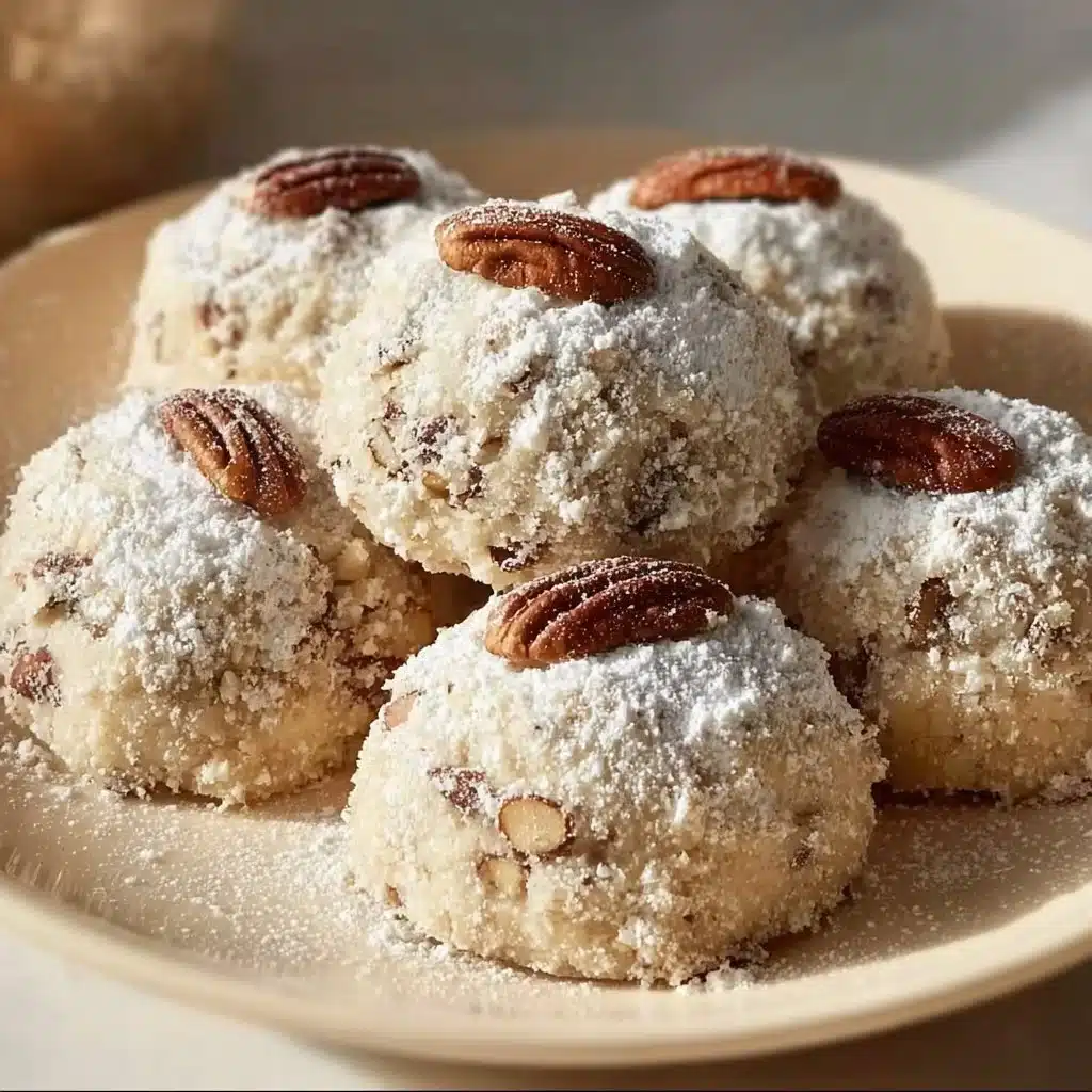 Buttery pecan snowball cookies dusted with powdered sugar on a festive plate.