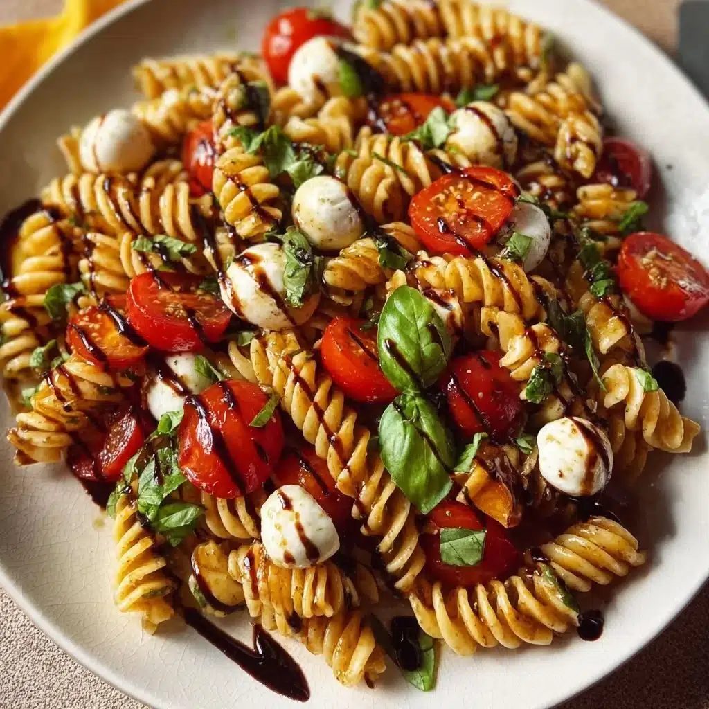 Fresh Caprese Pasta Salad with Balsamic Glaze featuring tomatoes, mozzarella, and basil.