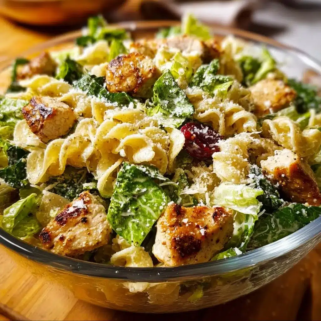 Chicken Caesar Pasta Salad topped with parmesan and croutons