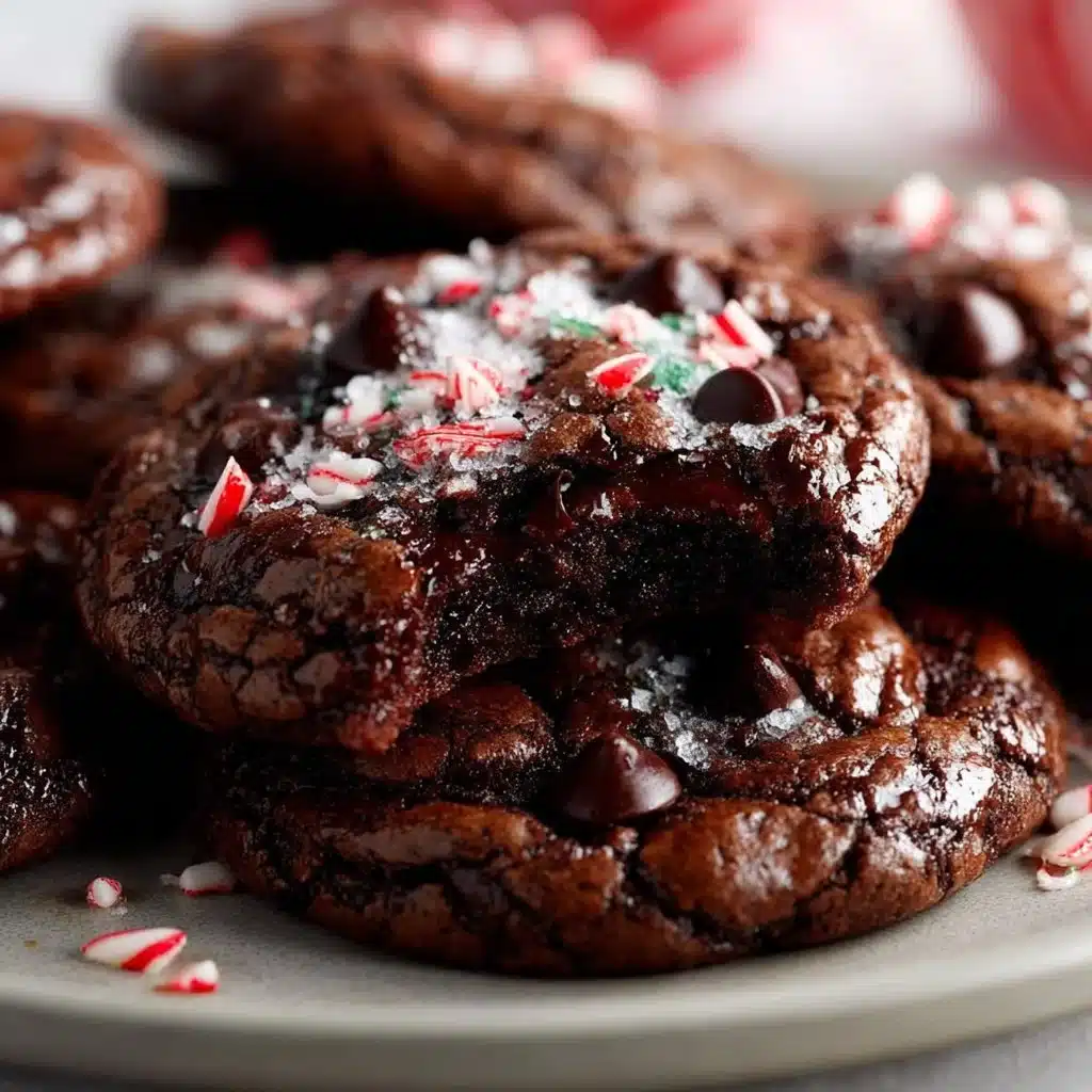 Delicious chocolate peppermint brownie cookies stacked on a plate