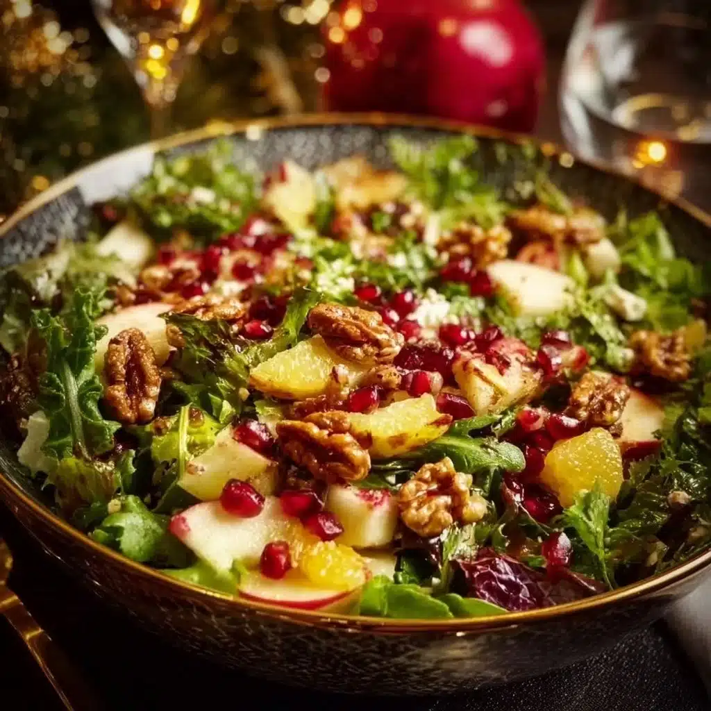 Colorful Christmas salad topped with honey mustard dressing and festive ingredients.