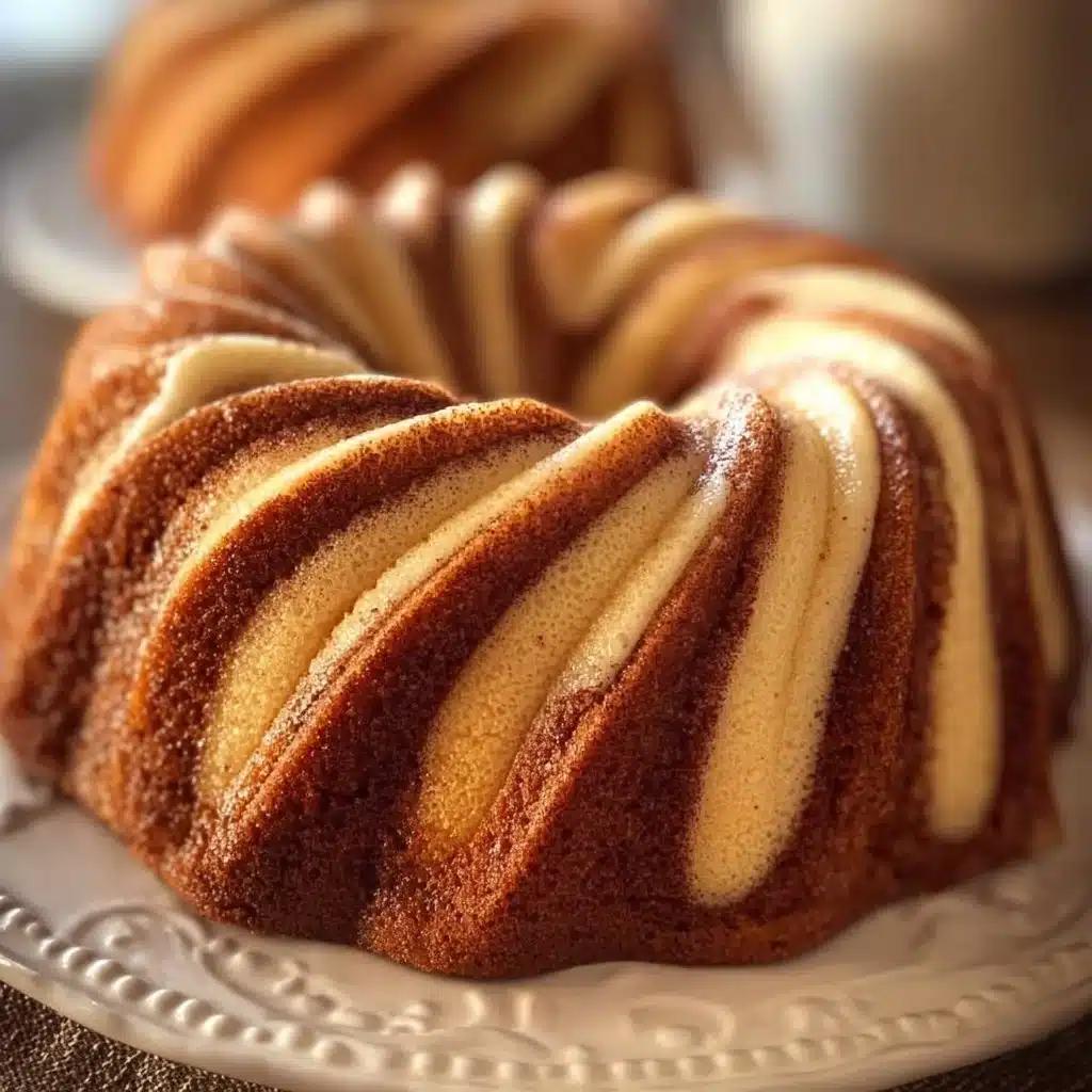 A delicious Cinnamon Swirl Bundt Cake with a golden crust and swirls of cinnamon.