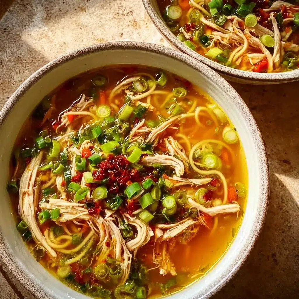 Bowl of classic ginger garlic chicken noodle soup, steaming and nutritious.