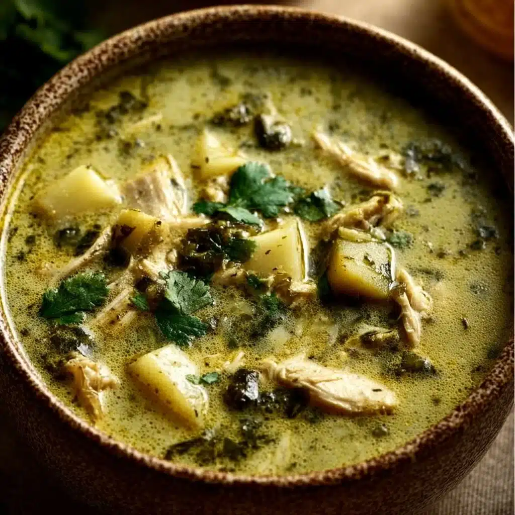 Bowl of cozy roasted poblano soup garnished with cilantro and lime