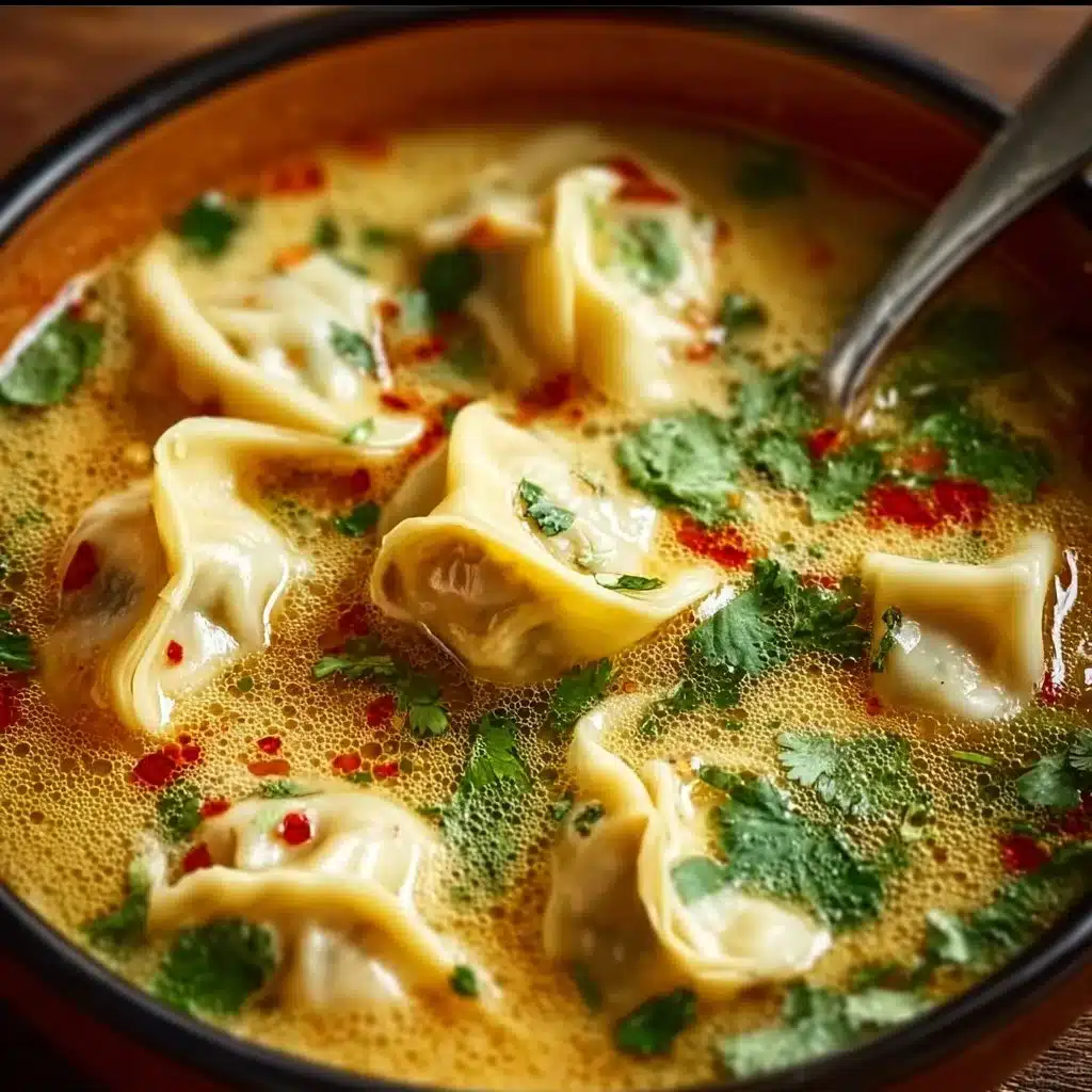 Bowl of Cozy Thai Potsticker Soup with colorful vegetables and potstickers