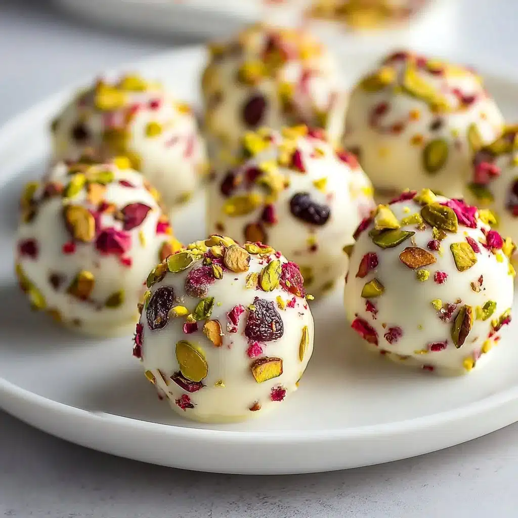 Cranberry Pistachio White Chocolate Truffles 3 Cranberry pistachio white chocolate truffles garnished with nuts and cranberries.
