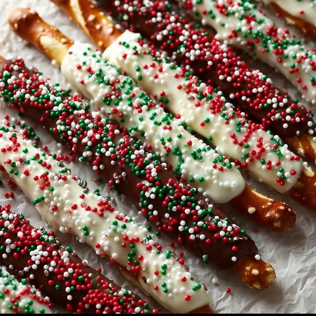 Easy Christmas Pretzel Rods 3 Easy Christmas Pretzel Rods dipped in chocolate and decorated for the holidays