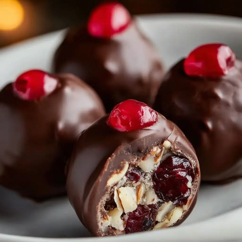 Delicious easy no-bake cherry bourbon balls decorated on a plate