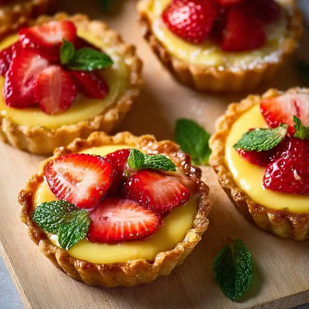 Delicious strawberry honey custard tarts topped with fresh strawberries