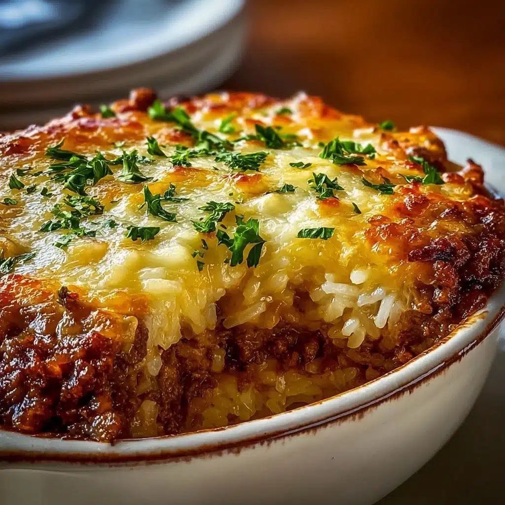 French Onion Ground Beef and Rice Casserole 3 Delicious French onion ground beef and rice casserole served in a baking dish
