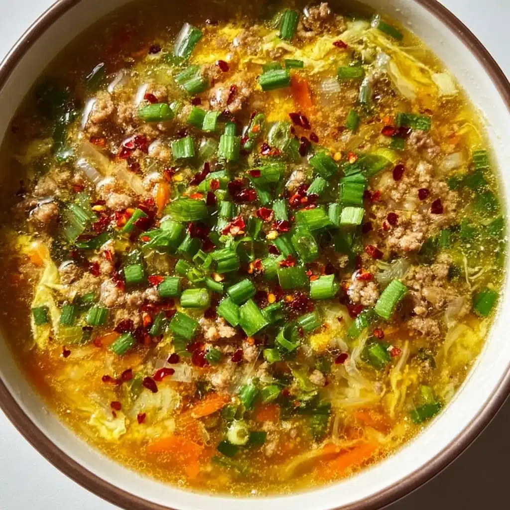 Bowl of hearty one-pot egg roll soup with colorful veggies and pork