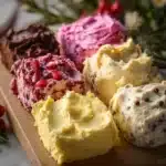 Homemade butter spreads in a colorful assortment on a wooden board