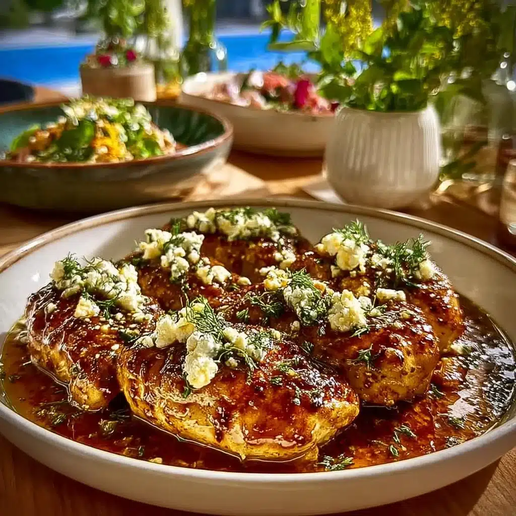 Hot Honey Infused Feta Chicken dish with honey drizzle and crispy herbs