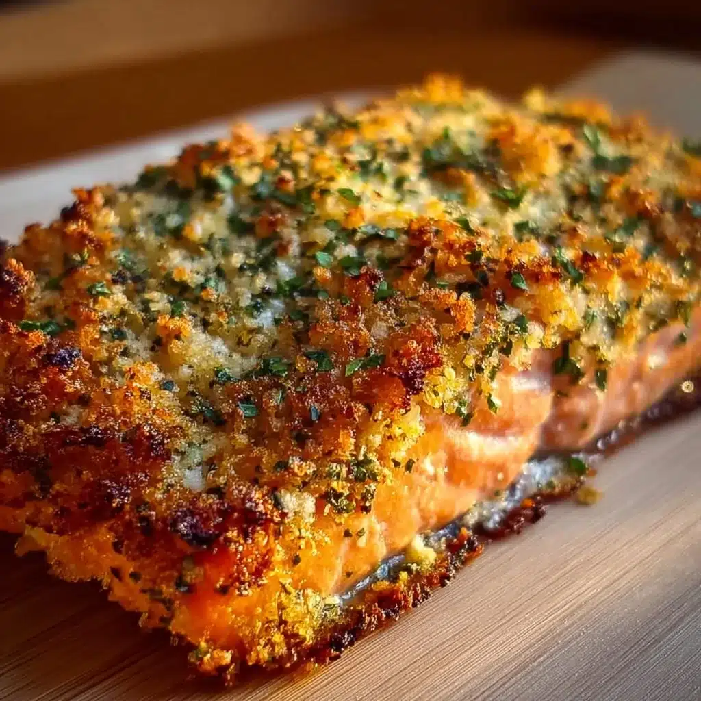Crispy baked Parmesan salmon garnished with herbs on a white plate