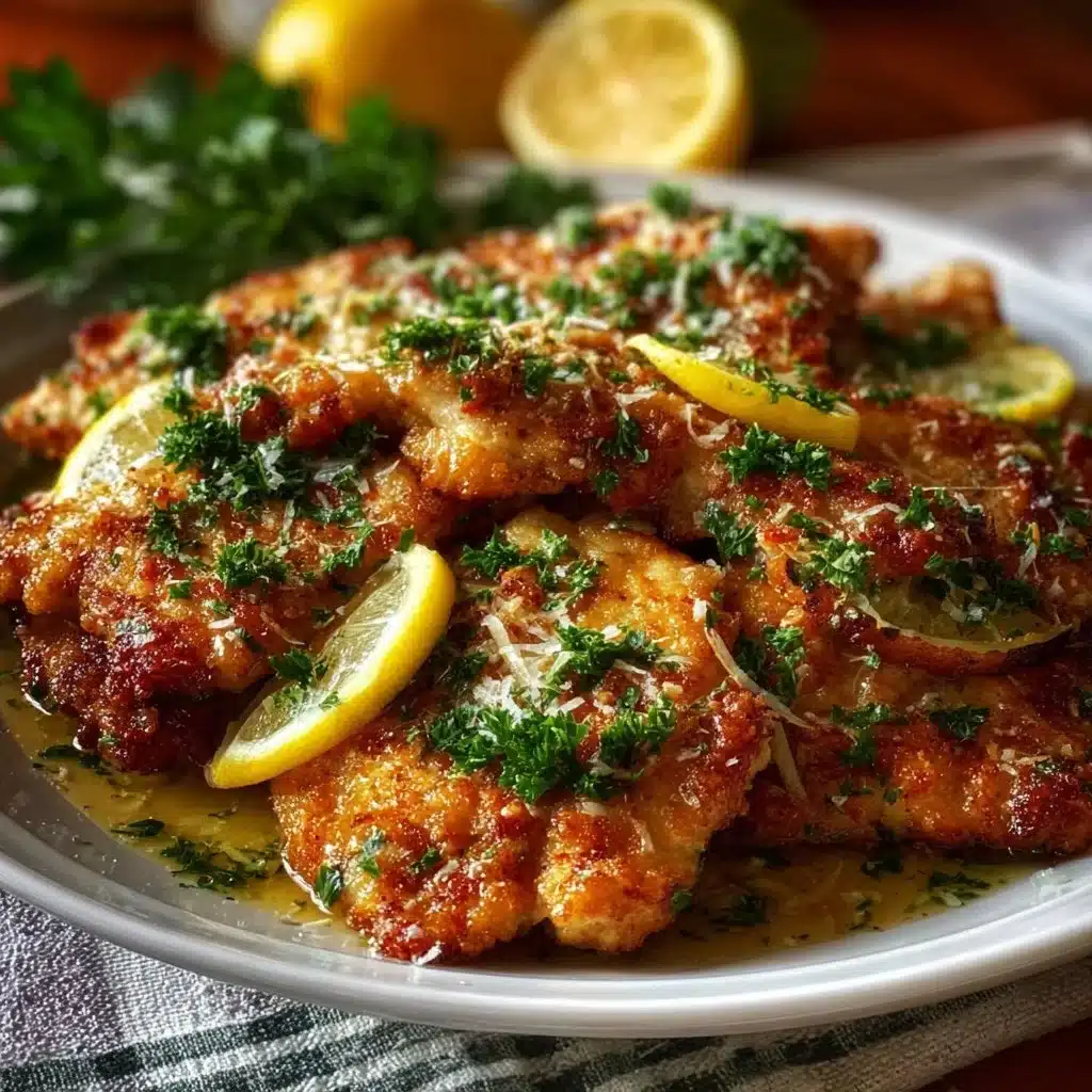 Plate of lemon chicken romano garnished with herbs and lemon slices
