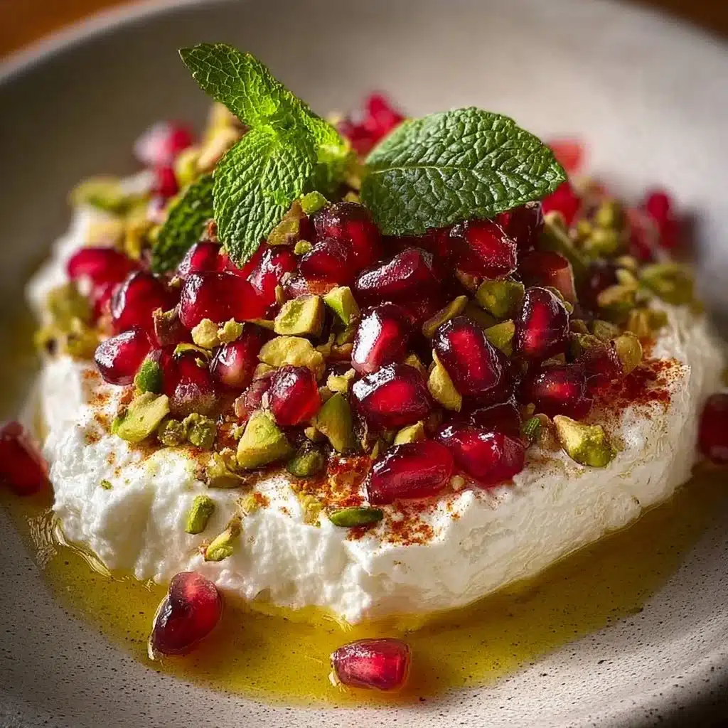 Creamy Pomegranate Pistachio Whipped Feta served in a bowl with toppings