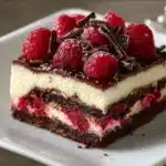 Slice of Raspberry Chocolate Lasagna dessert with chocolate and raspberry layers