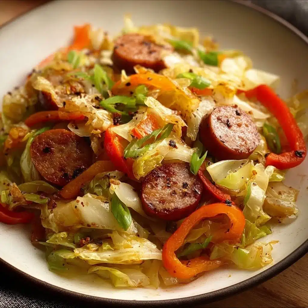 Sausage and Cabbage Stir Fry served in a bowl with fresh herbs.