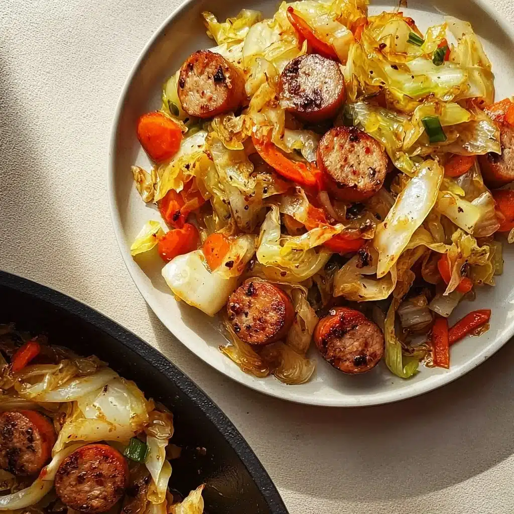 Delicious Sausage and Cabbage Stir Fry served on a plate with vibrant vegetables