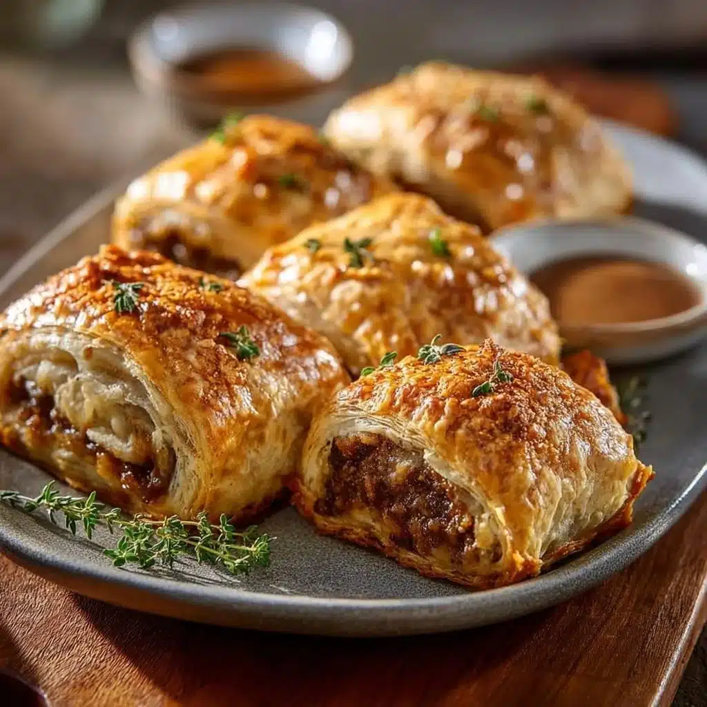 Savory French Onion Sausage Rolls with golden flaky pastry and delicious filling