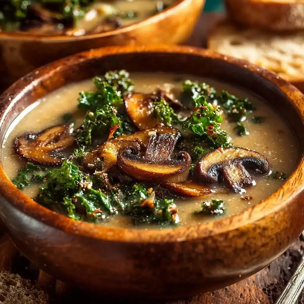 Delicious wild mushroom soup with caramelized onions and kale.