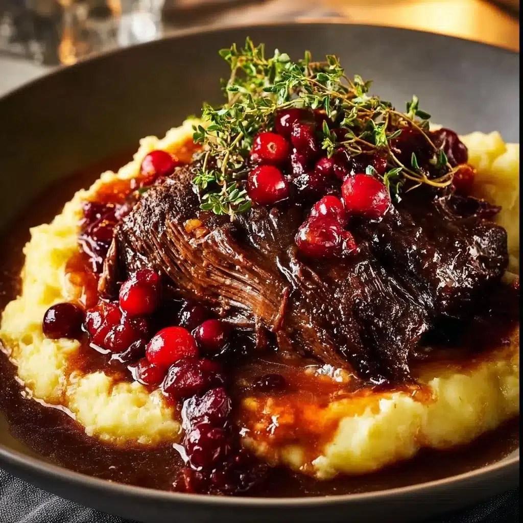 Slow braised beef roast with cranberry balsamic glaze on a serving platter