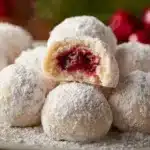 Soft cherry snowball cookies dusted with powdered sugar for holiday celebrations
