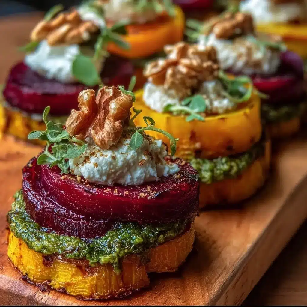 Sweet potato stacks with beets, burrata cheese, and walnuts topped with pesto.