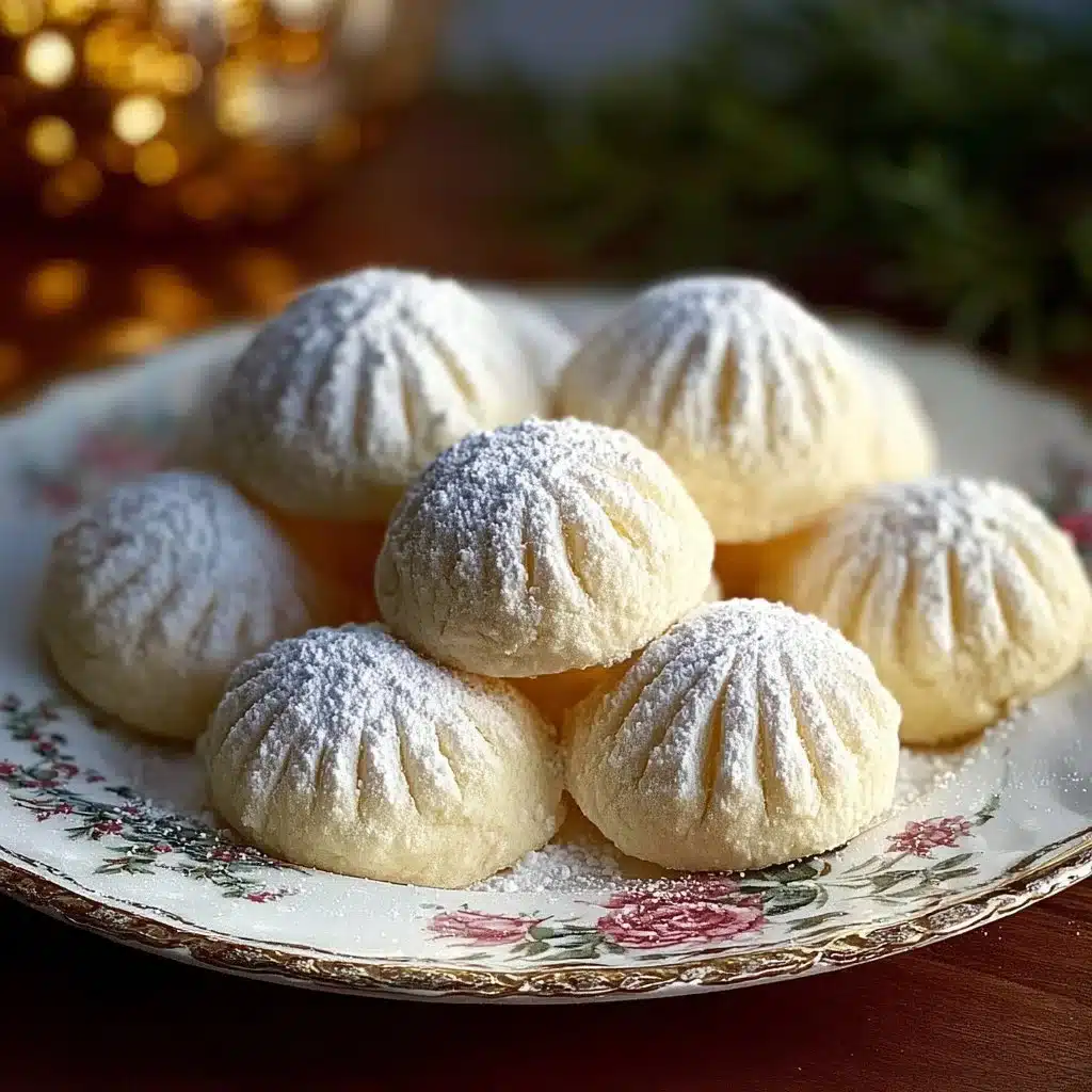 Plate of sweetened condensed milk snowball cookies dusted with powdered sugar