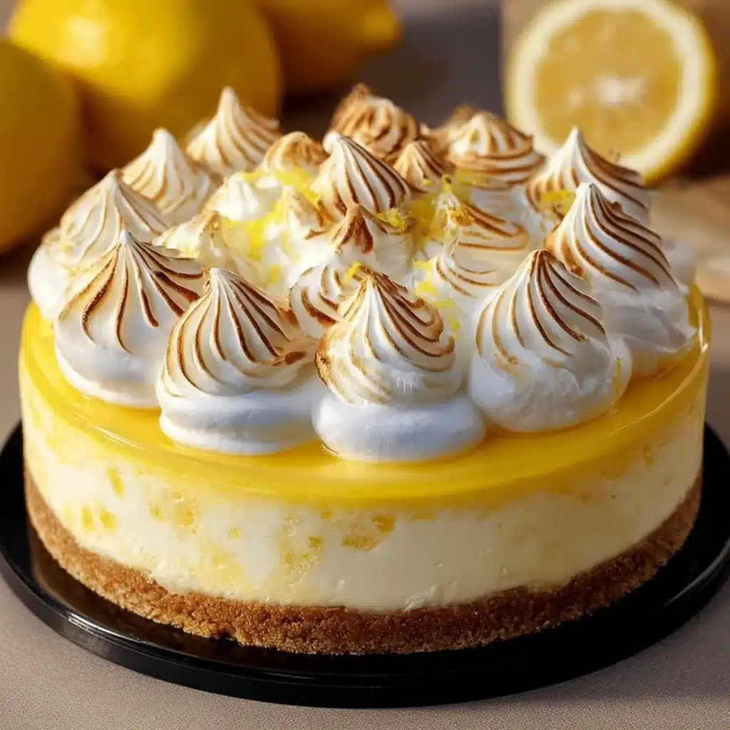 Triple Lemon Meringue Cheesecake topped with golden meringue and lemon zest.