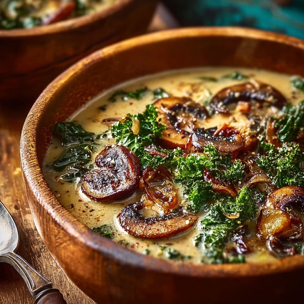 Simple Wild Mushroom, Caramelized Onion And Kale Soup