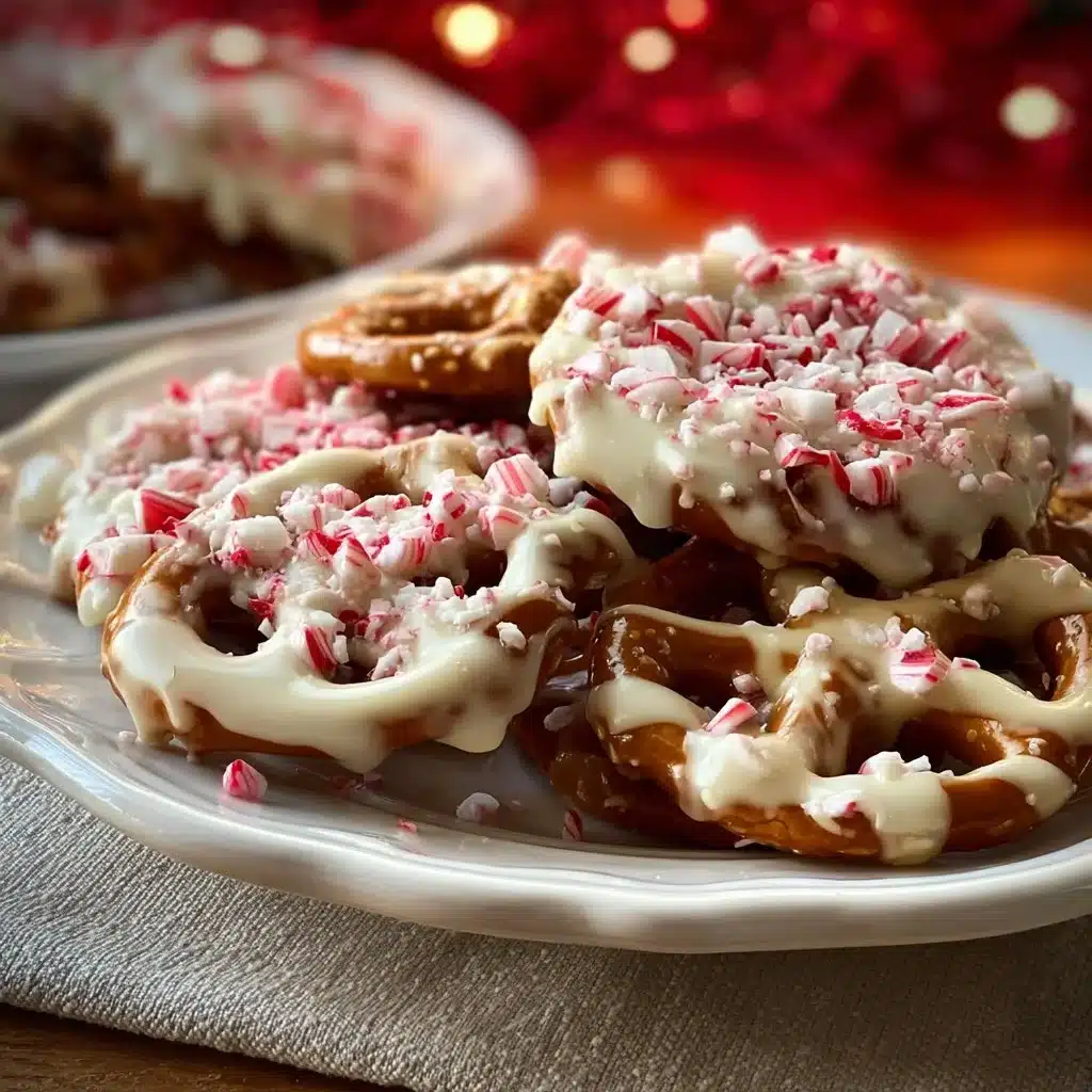 Delicious white chocolate peppermint pretzel crisps on a festive background